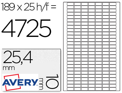 25 hojas A4 4725 etiquetas adhesivas Avery 25,4x10mm. especial códigos de barras láser